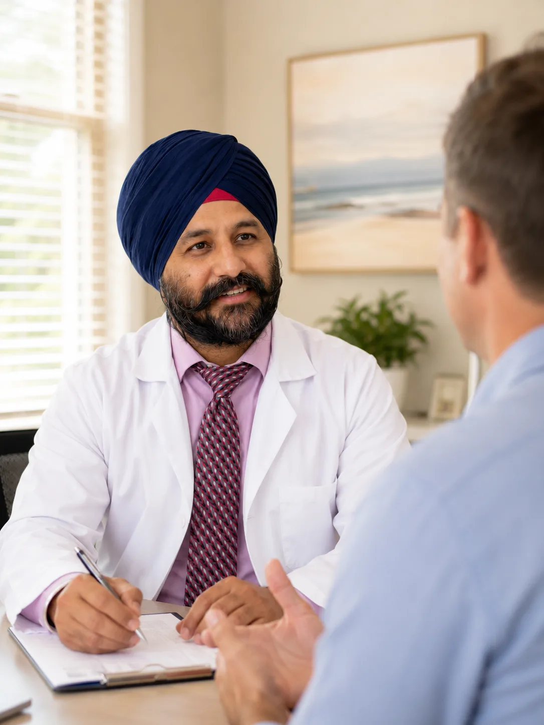 Dr. Saminder Singh consulting warmly with a new patient at Addison Medical in Melbourne FL